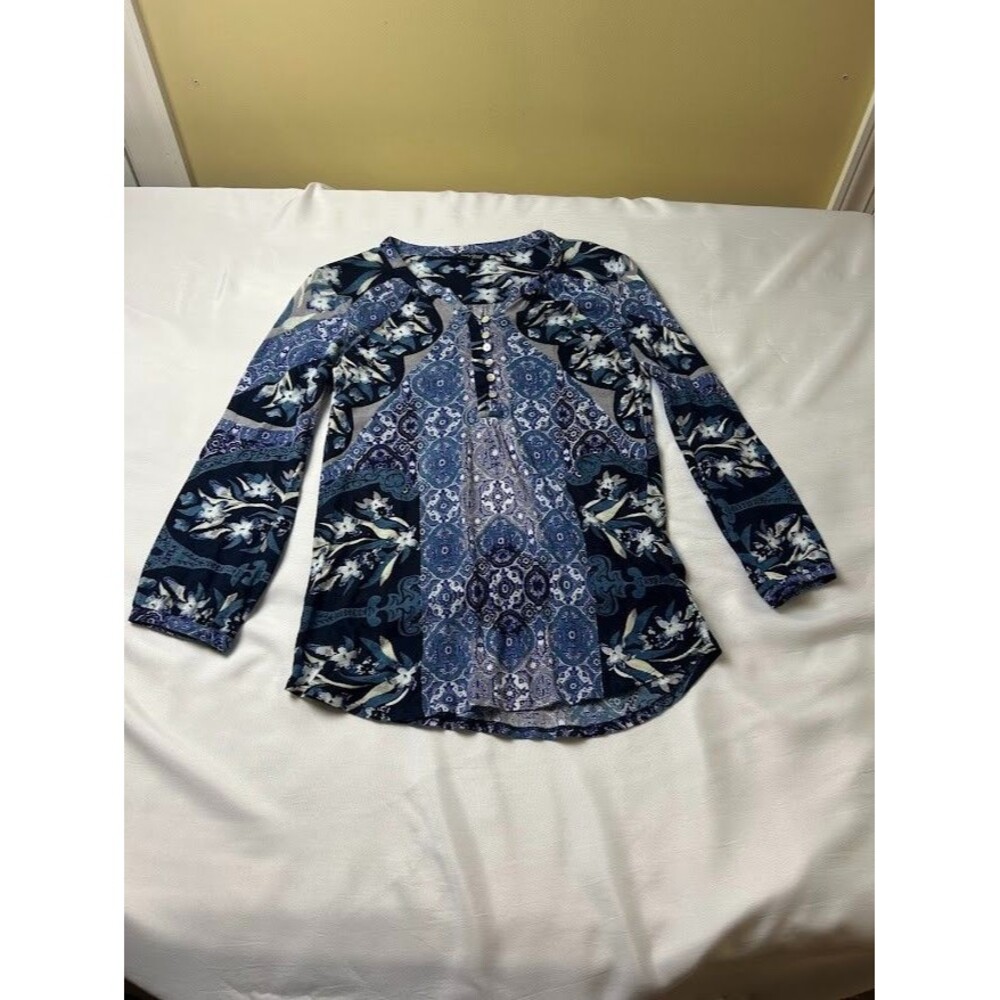 Lucky Brand Blue White Paisley Floral Button Front Long Sleeve Top Size Small